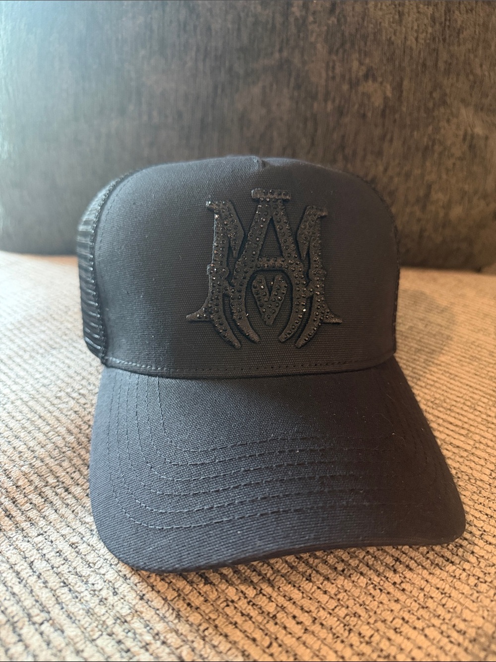 NWT AMIRI Black Crystal Trucker Cap Hat Leather Tag Mesh Snap Back Mike Rare Lux